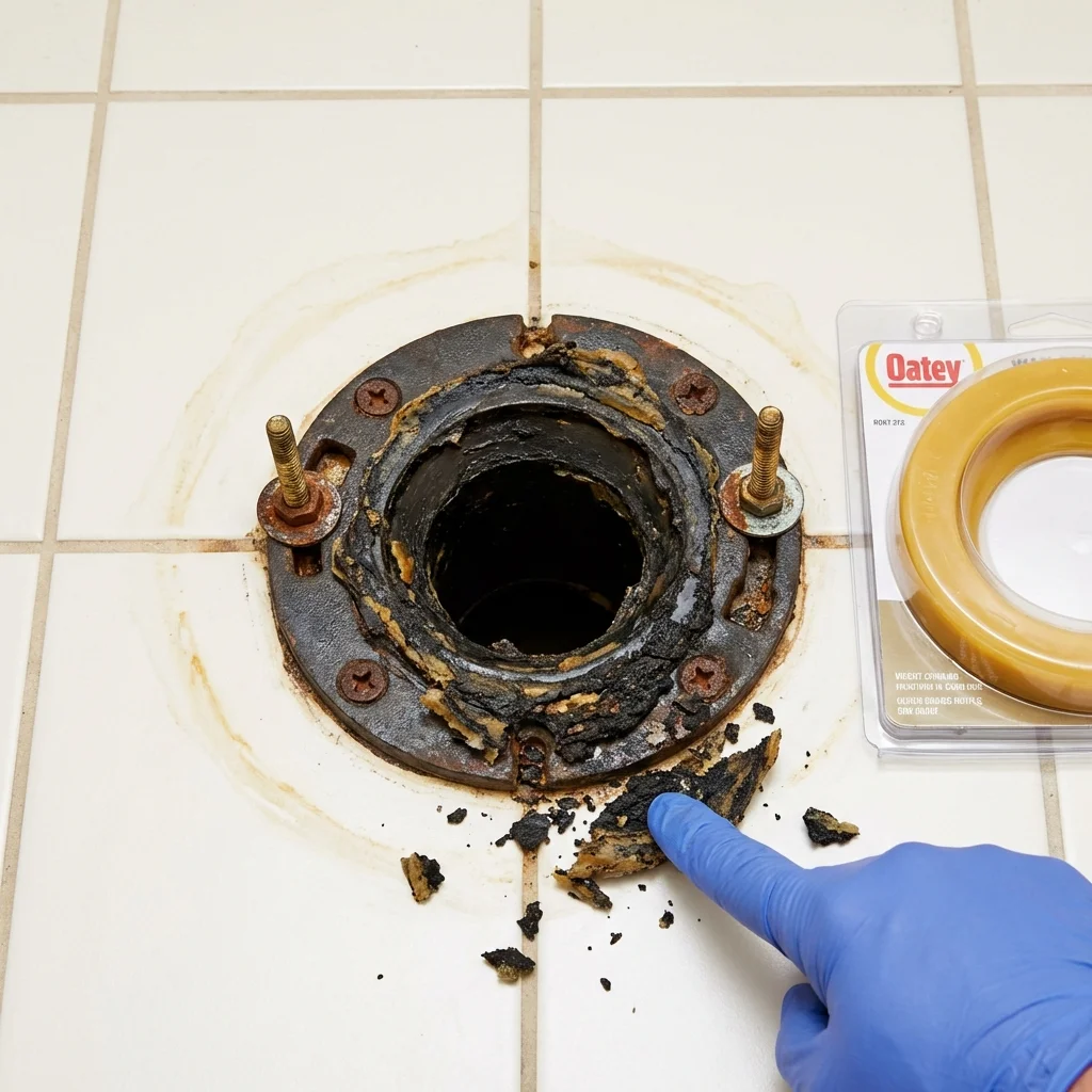 Failed wax ring showing water seepage at the base of a toilet in a Princeton, MA home