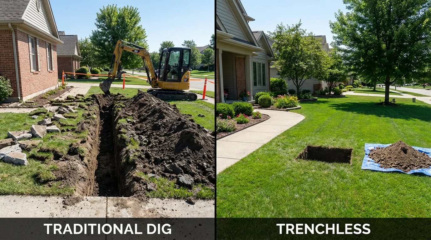 Trenchless sewer repair with minimal yard damage versus traditional excavation in Princeton, MA