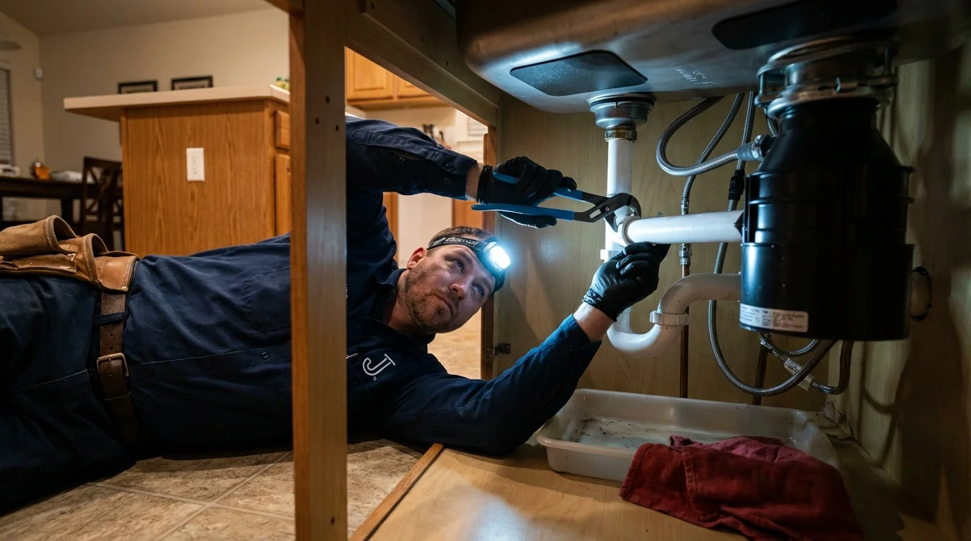 P-trap and supply line connections under a kitchen sink showing a common leak point in Princeton, MA